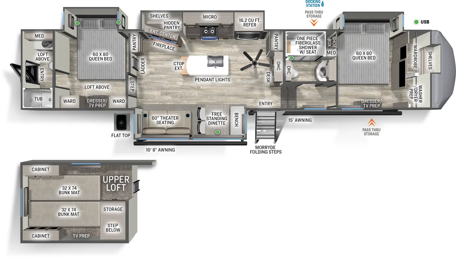 The Sandpiper Fifth Wheels 4002FB floorplan has two entries and four slide outs. Exterior features include: fiberglass exterior and 10'8" & 15' awning. Interiors features include: loft, kitchen island, free-standing dinette option, front bedroom, two bedrooms, rear bathroom and two full bathrooms.